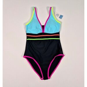 Sunshine Womens One Piece Swimsuit‎ Neon Black Blue V-Neck Medium NWT